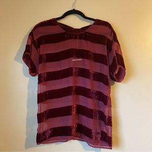 Topshop Burgundy Velvet Striped Mesh Bow Short Sleeve Holiday Blouse NWT